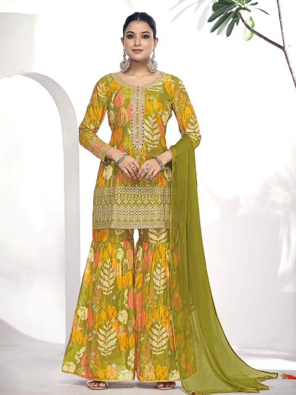 Green Premium Fibre Chinon Sharara Suit